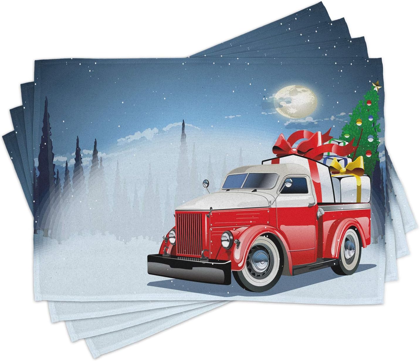 Ambesonne Christmas Place Mats Set of 4, Red and White American Truck in December Winter Night Moon and Stars Tree, Washable Fabric Placemats for Dining Table, Standard Size, White Blue