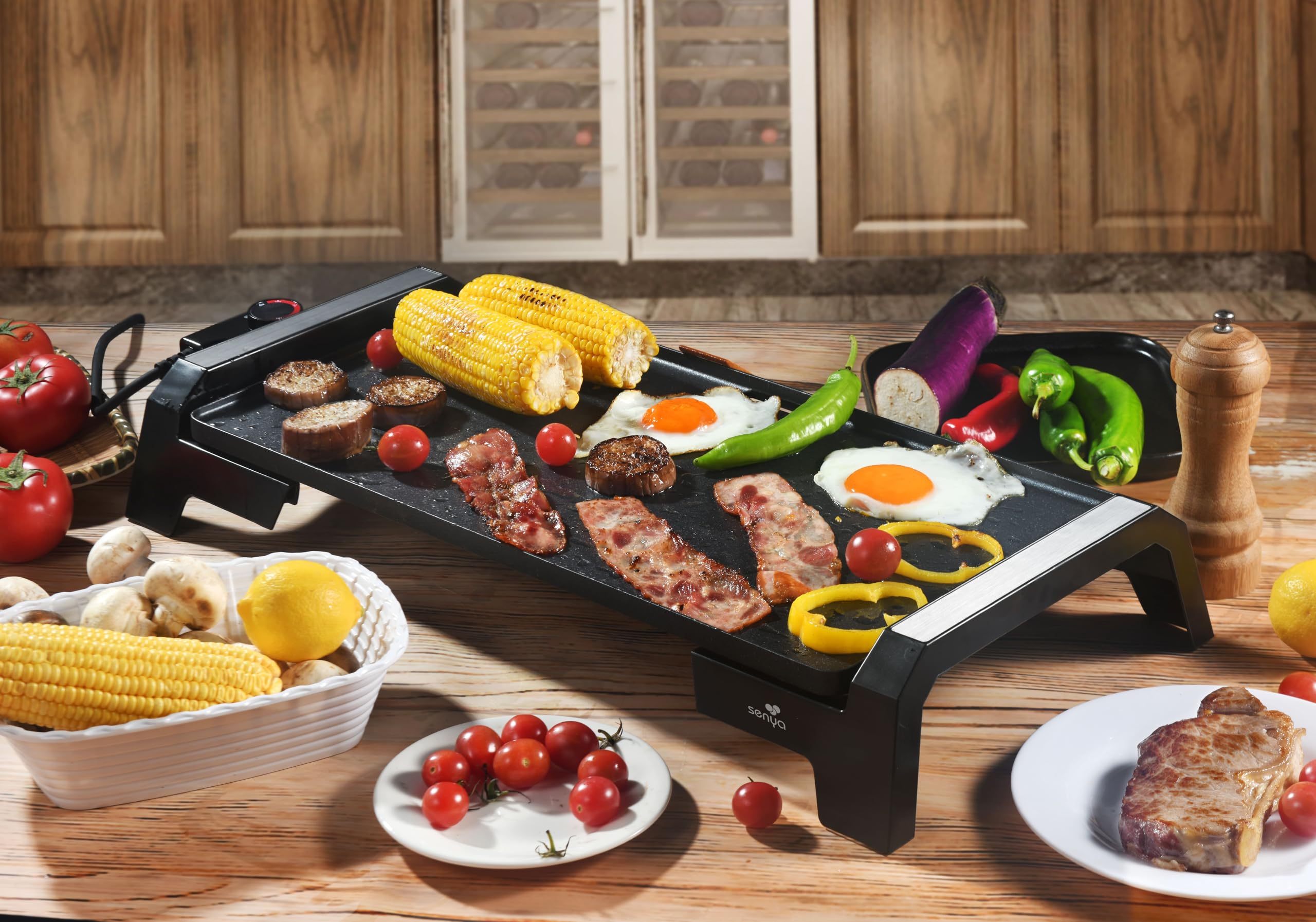 SENYA Plancha eléctrica - 2200W Placa efecto piedra antiadherente, gran superficie de cocción de 6 a 8 personas, bandeja recuperadora de grasa, apta para lavavajillas