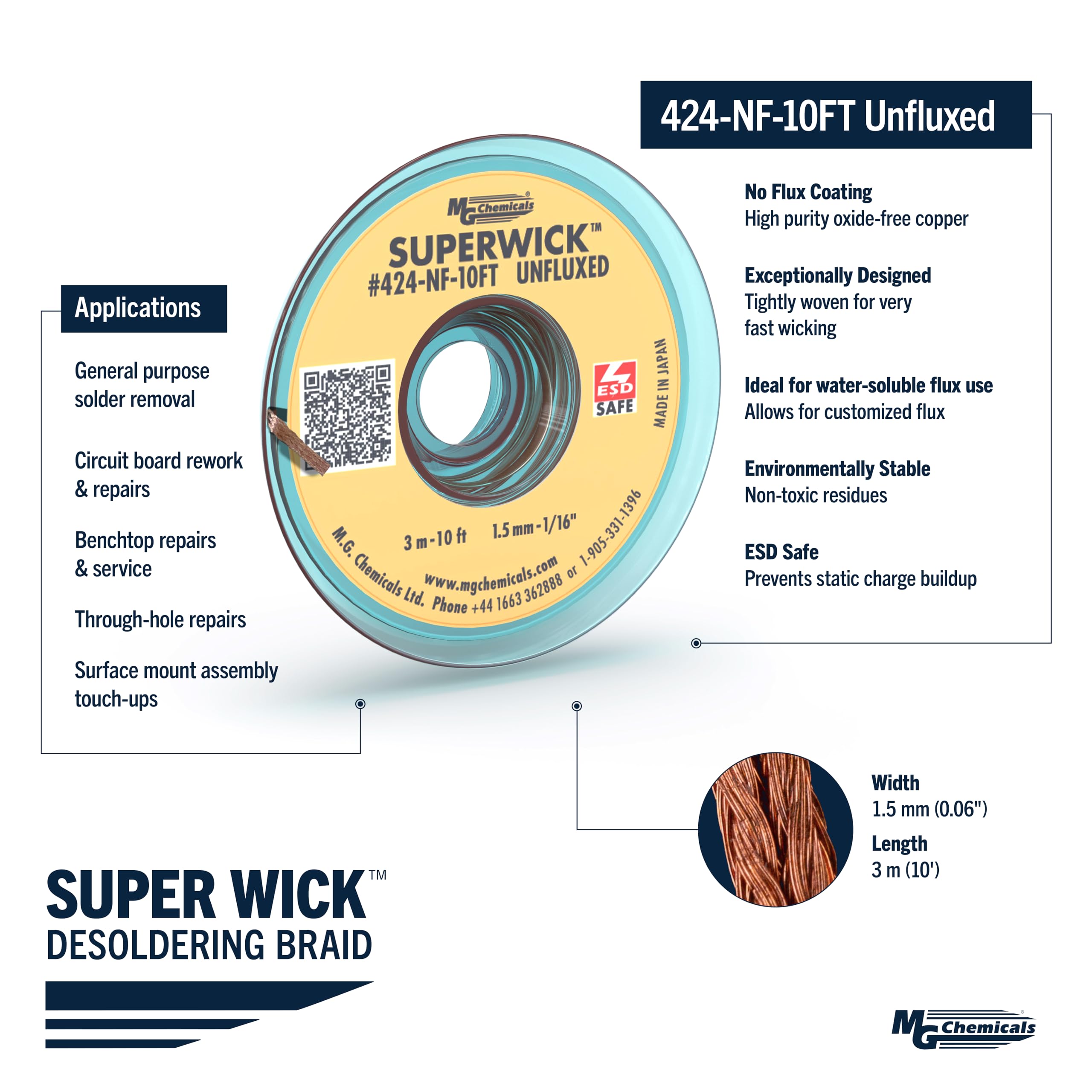 MG Chemicals 424-NF-10FT Treccia dissaldante Super Wick non flussata, 0,06" di larghezza x 10' di lunghezza, sicura ESD