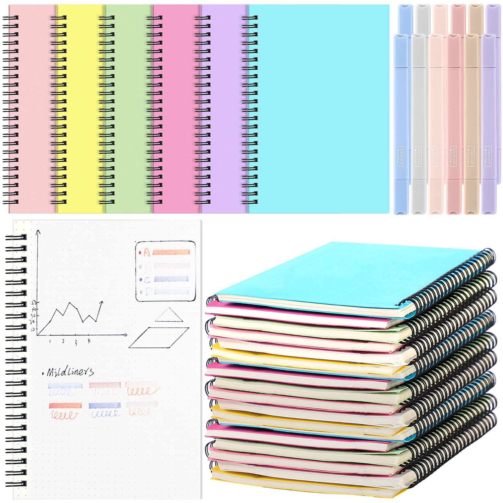 Photo 1 of 12 Pack Dot Grid Notebook Spiral, A5 Dotted Journal 5.5" x 8.3" 100 Pages Thick Dotted Paper and Highlighters Pens, Notebook Note Book Journals with Highlighters Pens for Office School