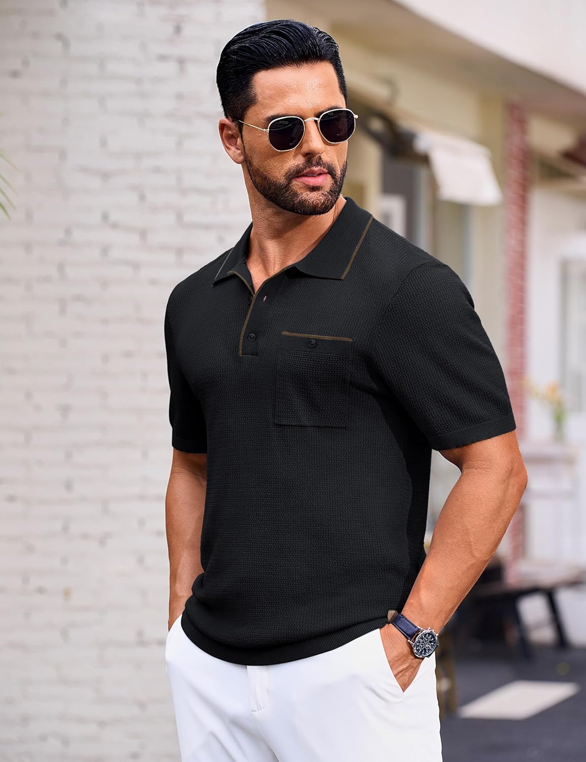 Cotrasen Mens Casual Knitted Polo Shirts Short Sleeve Collared Knit T Shirts Summer Golf Shirts with Pocket - Image 3