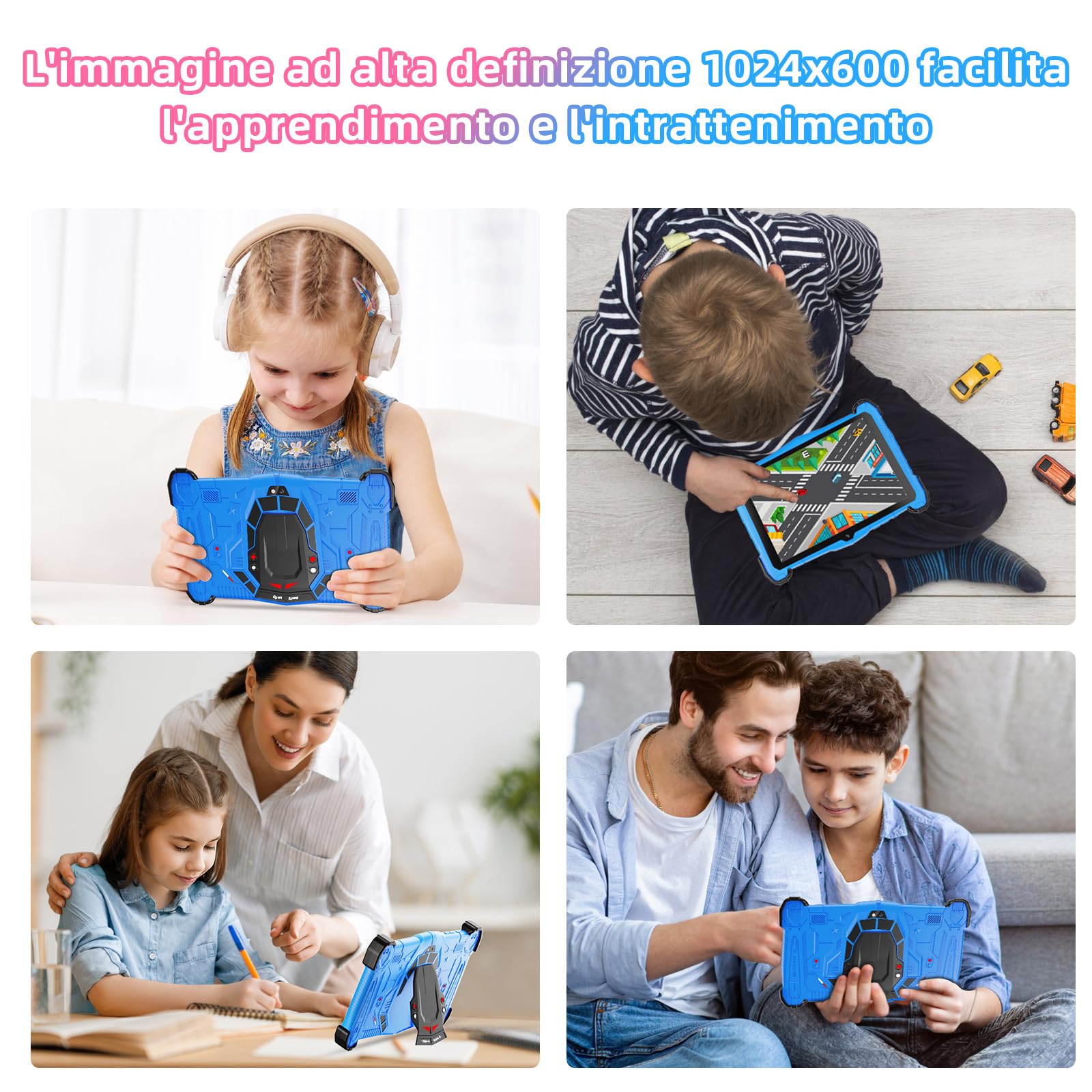 Tablet Bambini 7 Pollici Android 14 Octa-Core, 10 GB RAM + 64 GB ROM (TF 1 TB), Kids Tablet Educativo e Divertente, Controllo Parentale, WiFi, Bluetooth, Con Custodia Antiurto, Blu