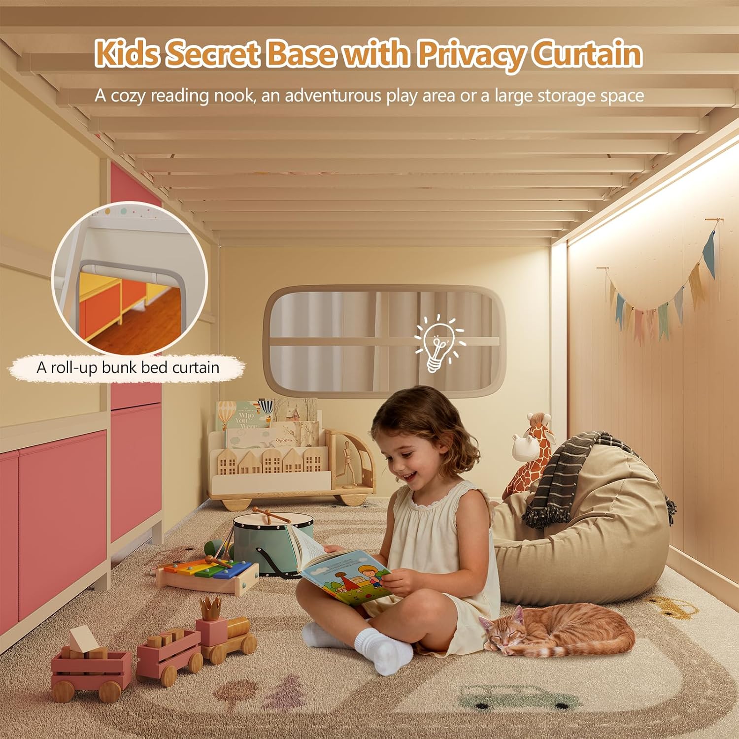 DICTAC Low Loft Bed with Desk and 6 Storage Drawers Twin Loft Bed with Bookshelf,LED Lights & Under-Bed Play Space,Kids Twin Beds with 13.8''H Safety Guardrail,Inclined Ladder&Play Curtain,Pink+White Pink+white Twin