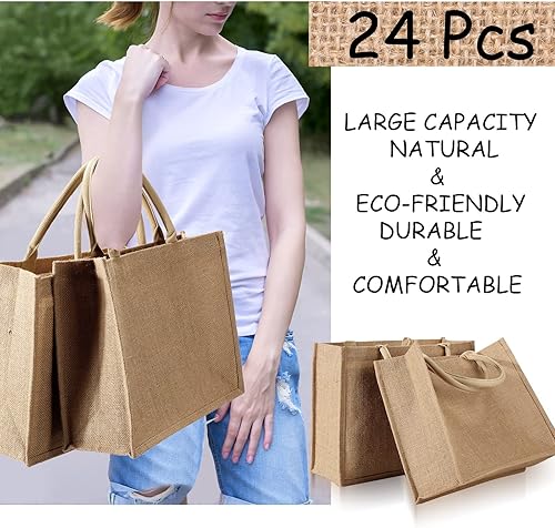 Miniatura 4 de Paquete de 24 bolsas de yute de arpillera a granel, bolsas grandes de yute con asas, bolsas de regalo de arpillera en blanco, bolsas de compras