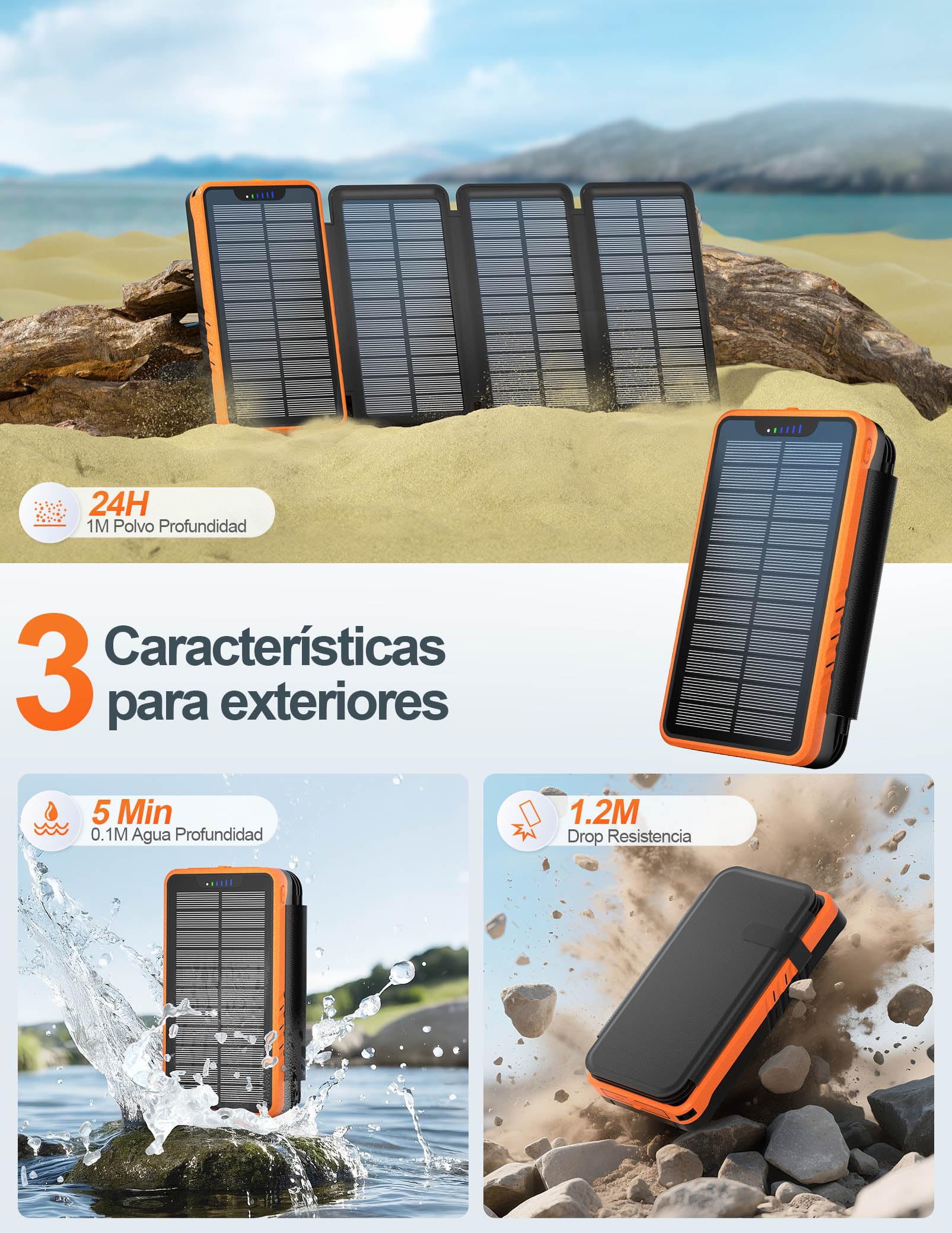 elzle Solar Powerbank 26800mAh, Cargador Solar con 2 Salidas USB-A y 1 Entrada USB-C, batería Externa Resistente al Agua con 4 Paneles solares y Linterna para Smartphones, tabletas, Camping