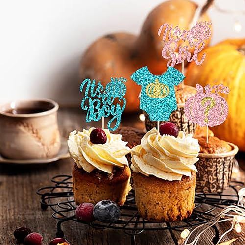 Miniatura 5 de Rsstarxi Paquete de 24 adornos de calabaza con purpurina naranja para cupcakes con temática de cosecha de otoño, para Halloween, baby shower, niños