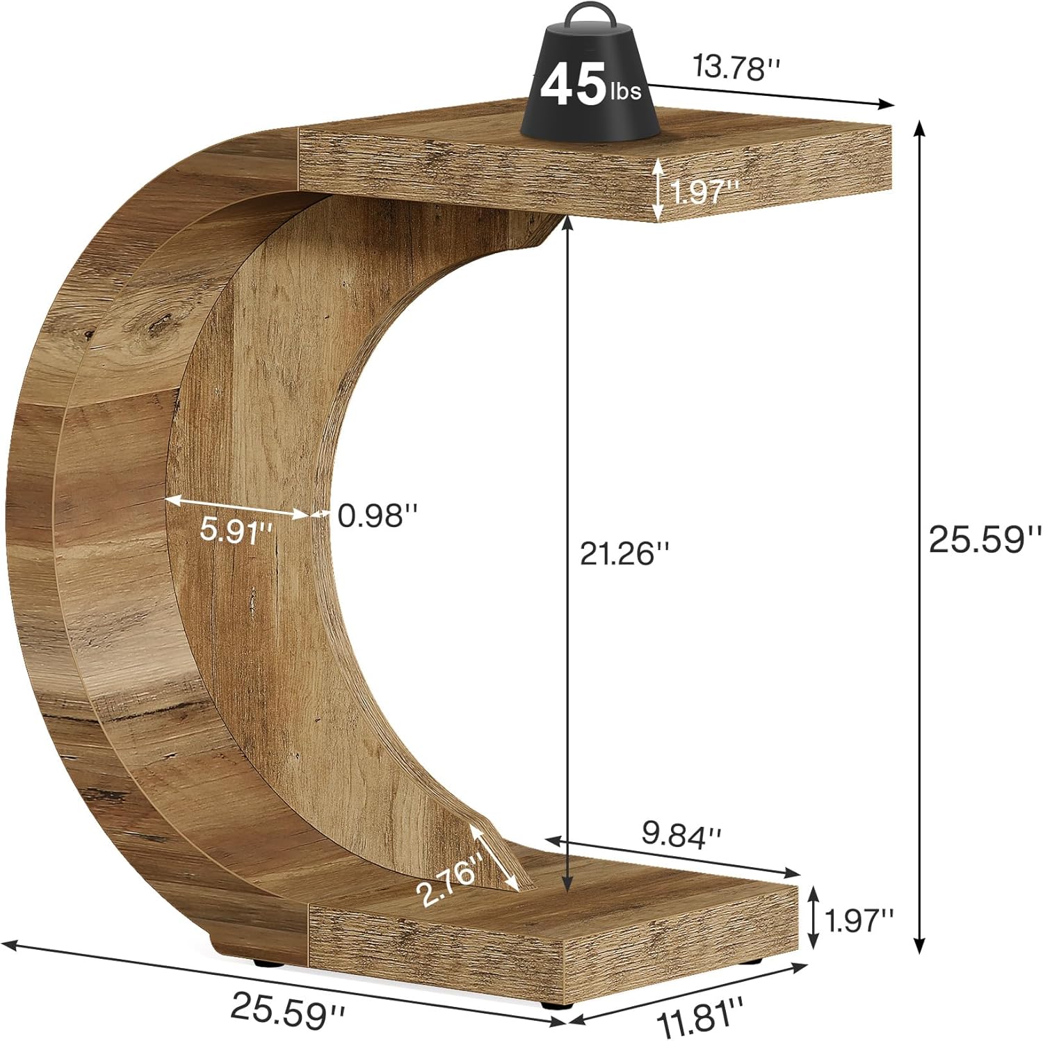 Diagram showing dimensions of the C-shaped end table, including height, width, and depth