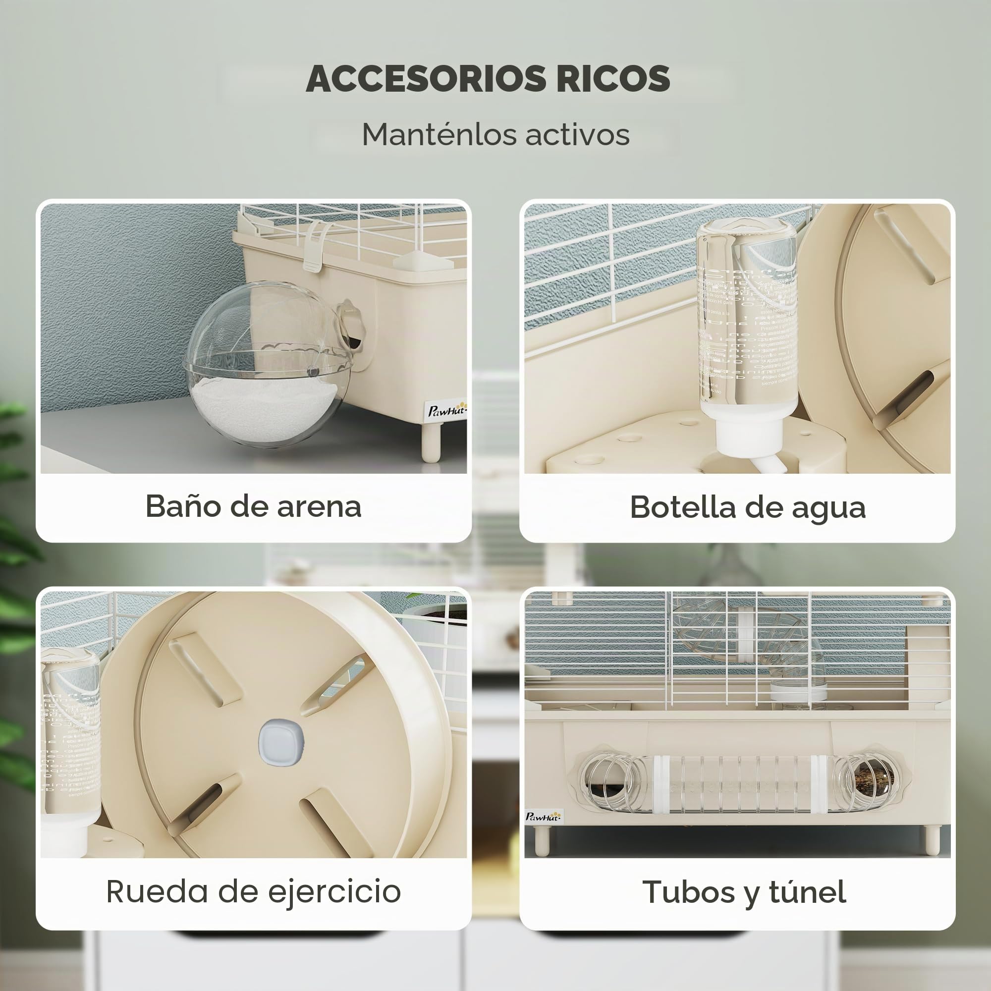 Jaula para hámster PawHut de 2 Niveles y 3 Puertas con Rueda, Caja de Arena y Tubos de Juego, Jaula para Mascotas de Acero, PS y PP, 44,5x28x44 cm, Crema y Blanco | Caja de arena con tubos de juego, jaula para hámster, acero, PS y PP, 44,5 x 28 x 44 cm