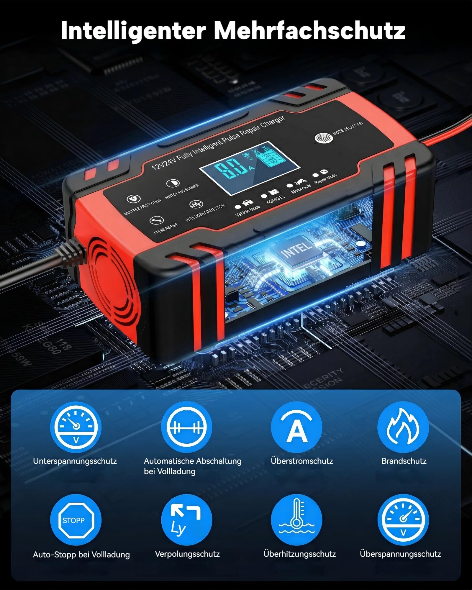 8A 12V/24V Autobatterie Ladegerät, intelligentes Erhaltungsladegerät mit automatischer Abschaltung & Temperaturkompensation, für Auto/Motorrad/LKW/Boot (AGM/EFB/Gel/Säure)