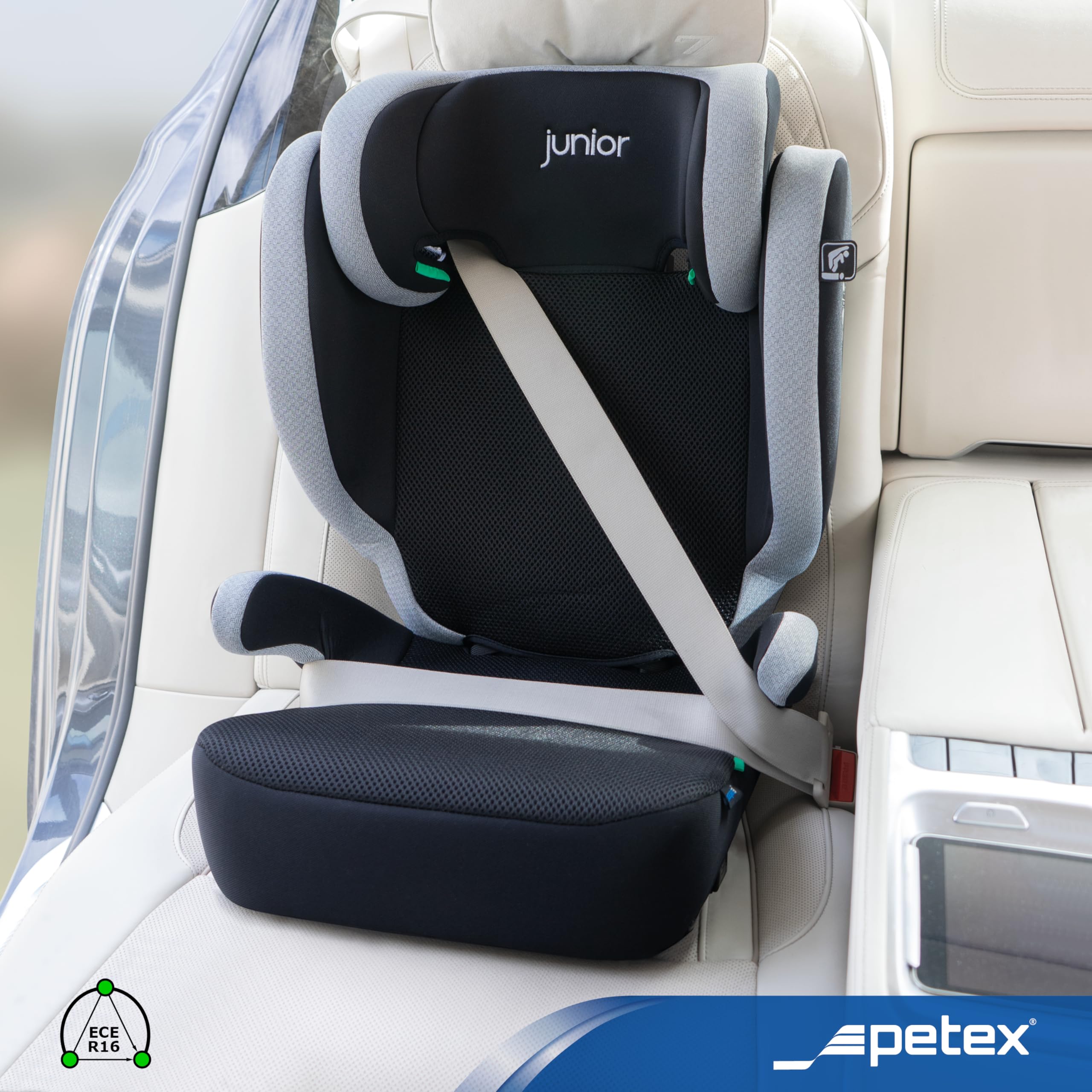 PETEX Fotelik samochodowy dla dzieci z ISOFIX – Basic Plus i-Size zgodny z normą ECE R129 dla dzieci w wieku od ok. 100 – 150 cm, z regulacją wysokości fotelik samochodowy w kolorze szarym, 1 sztuka