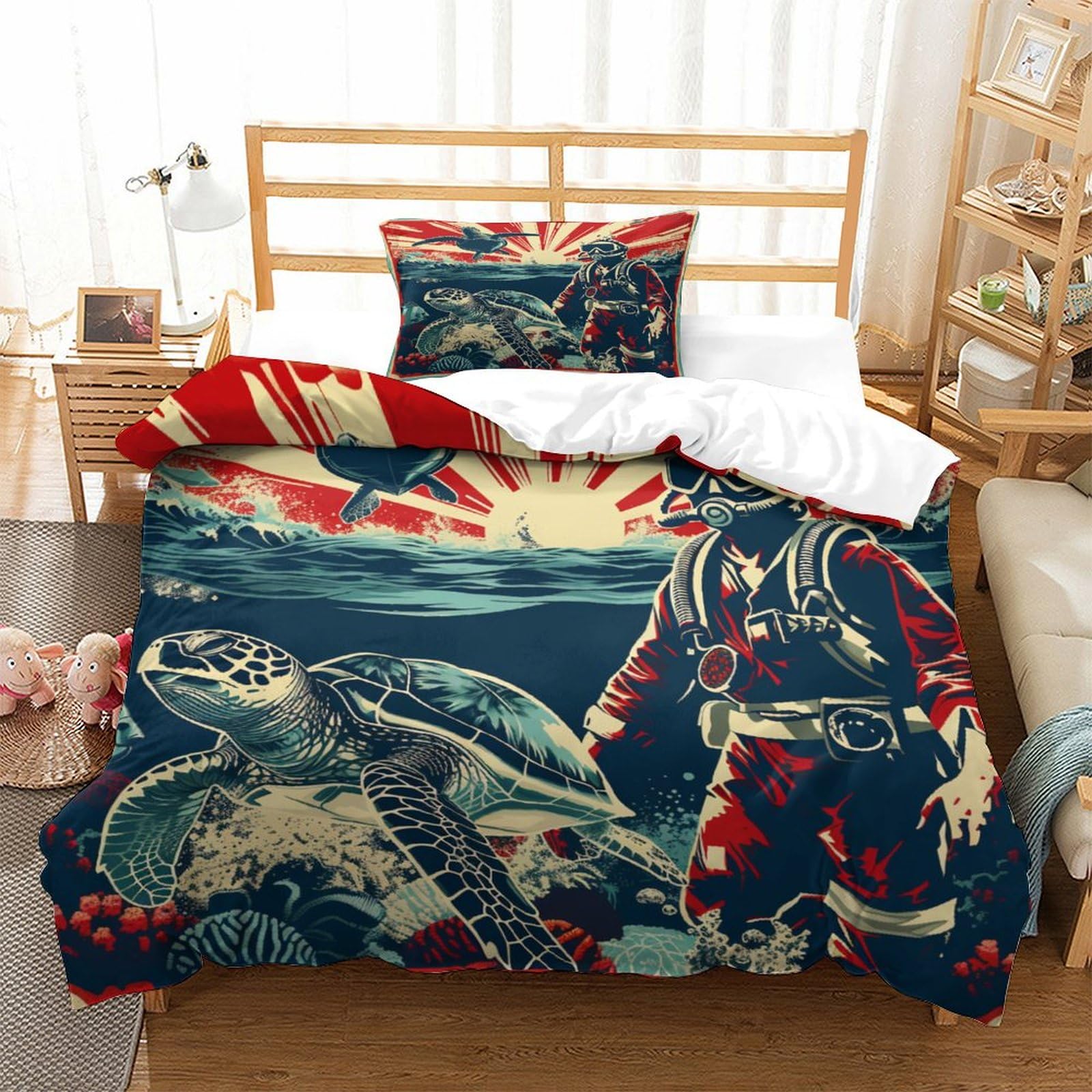 P1s9u7w5y Sea Turtle-1 Sunset Ocean Turtle Art 3D Printed Duvet Cover Set 3Pcs Microfiber Sunrise Turtle Bedding Set Single（135X200cm）