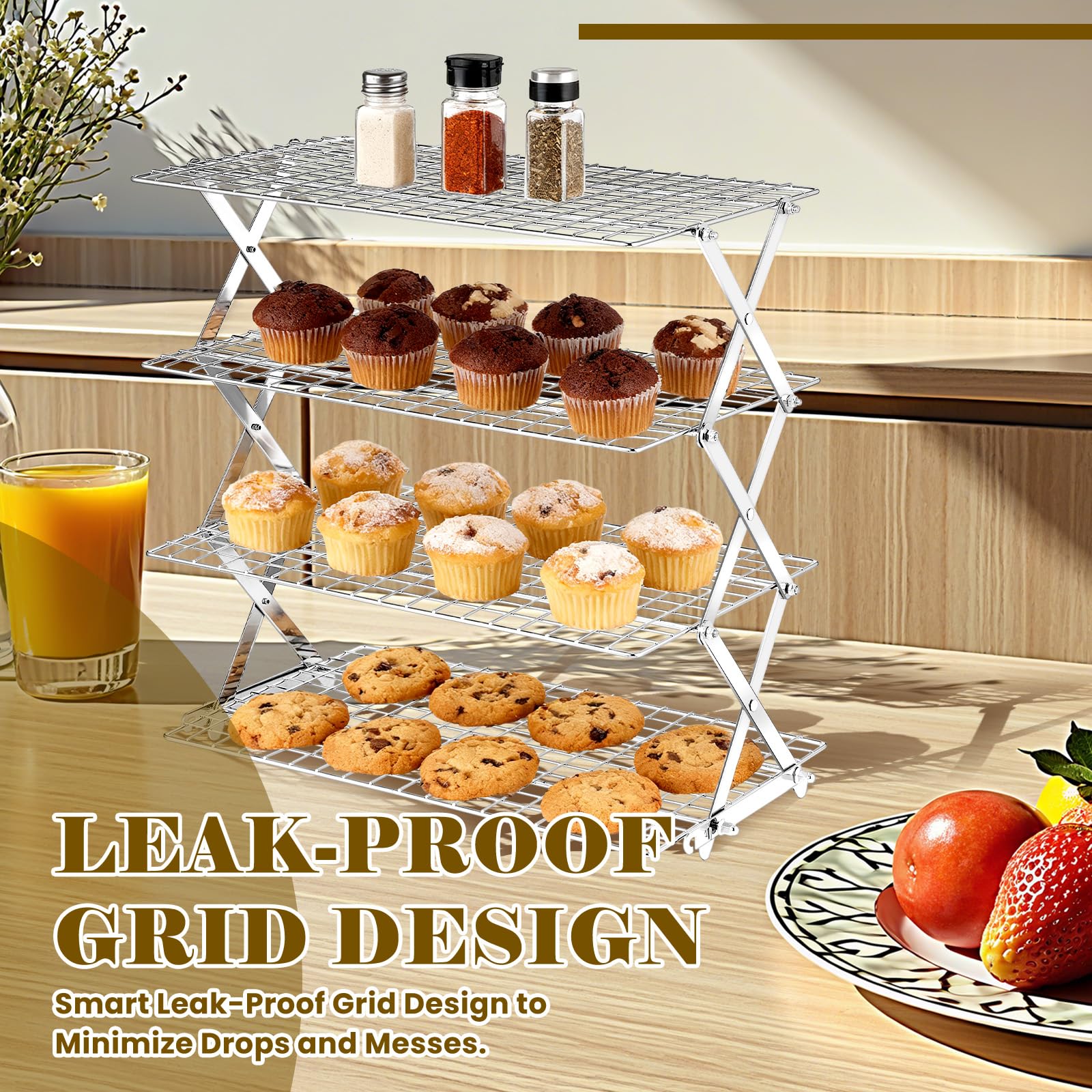 Grille de refroidissement pliable à 4 niveaux – Grille de cuisson réglable en acier inoxydable avec maille anti-fuite, structure en forme de X pour la cuisine et la pâtisserie, passe au lave-vaisselle