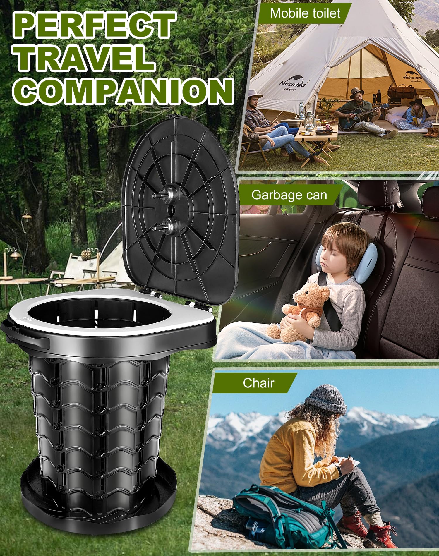 Toilette Portable Camping avec Couvercle, WC Portable avec Sac Poubelle, Toilettes Sèches, pour Le Camping, Les Barbecues, Les Voyages, la Pêche, la Plage et L'auto-Propulsion