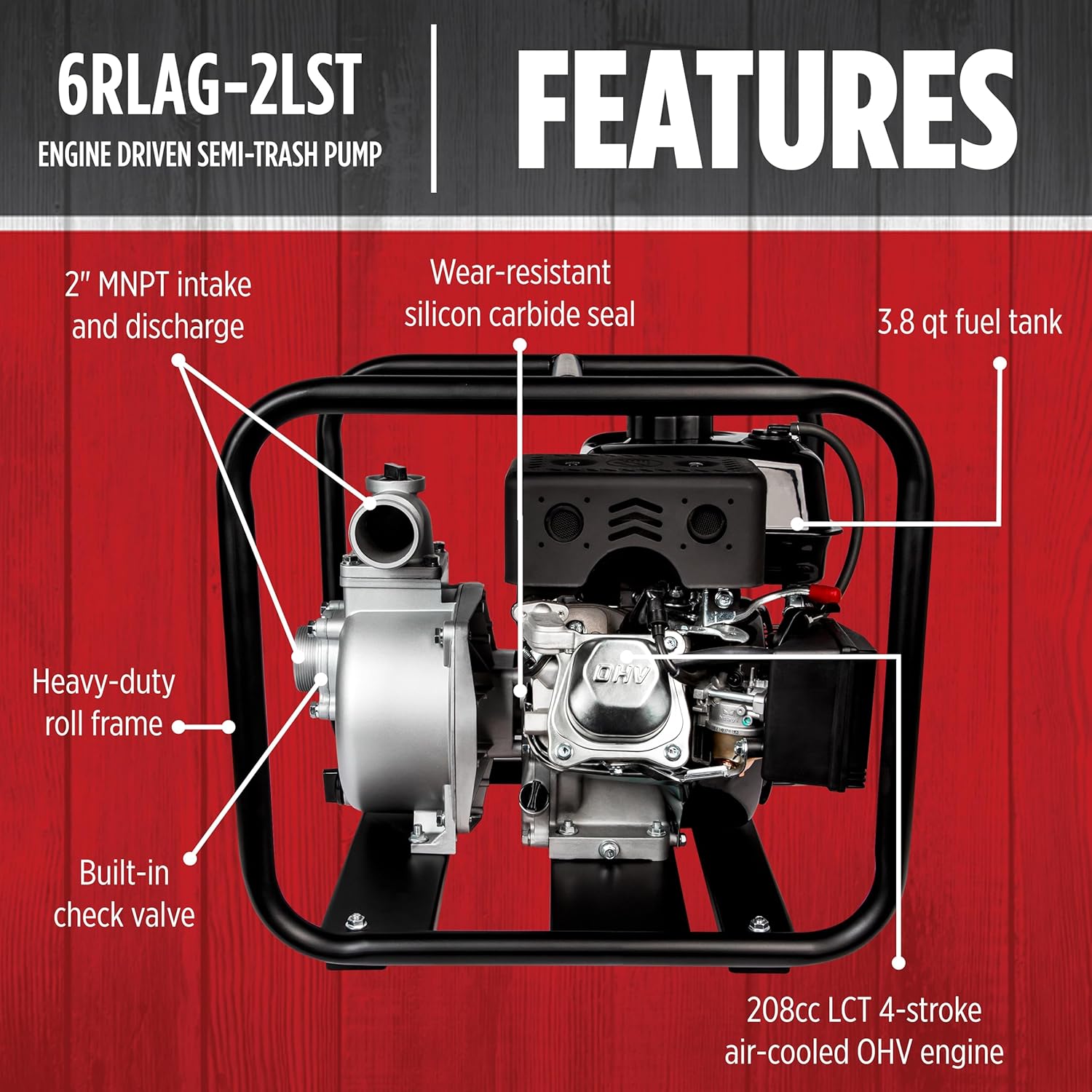 Red Lion 6RLAG-2LST 208cc, 150 GPM OHV Engine Driven Aluminum Semi-Trash Pump, 2-inch MNPT suction and discharge, Black, 617034