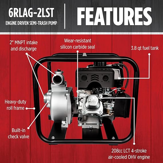 Red Lion 6RLAG-2LST Semi-Trash Gas Powered Transfer Pump, 150 GPM, 208cc