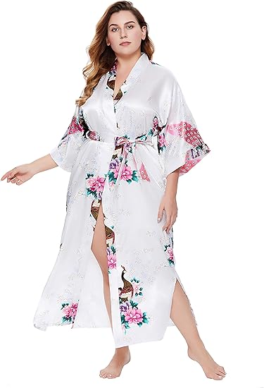 Babeyond Ochtendjas, kimono, bloemen, tak, bedrukt, lang, wit Babeyond Ochtendjas, kimono, bloemen, tak, bedrukt, lang, wit
