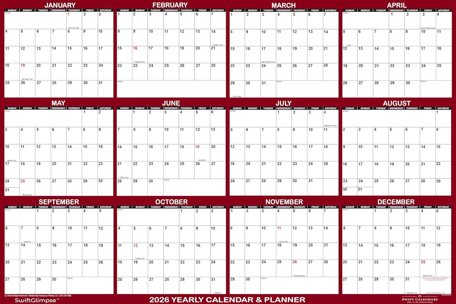 36" x 54" SwiftGlimpse 2026 Wall Calendar Erasable Large Wet & Dry Erase Laminated 12 Month Annual Yearly Wall Planner, Horizontal, Maroon