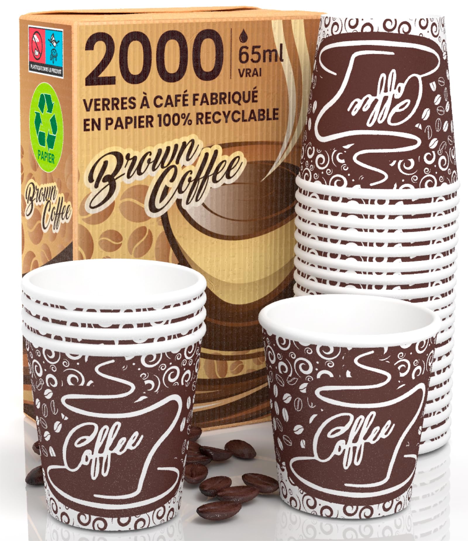 Eurocali 2000 Gobelets Carton pour Cafe Jetable 65ml - Verres BrownCUP Petits Compostable et Écologiques pour Bureau Bar Plats à Emporter Hôtel et à La Maison