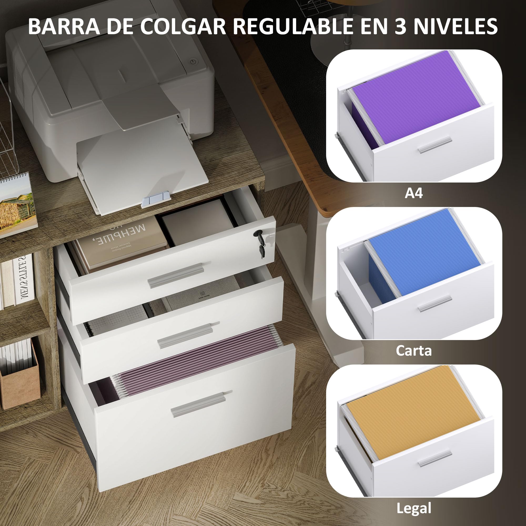 HOMCOM Cajonera de Oficina con Estación de Carga, Mueble Archivador con Ruedas, 3 Cajones, Barra Colgante, Cajonera para Escritorio con Cerradura, Estantes para Carta, A4, Legal, Marrón Grisáceo