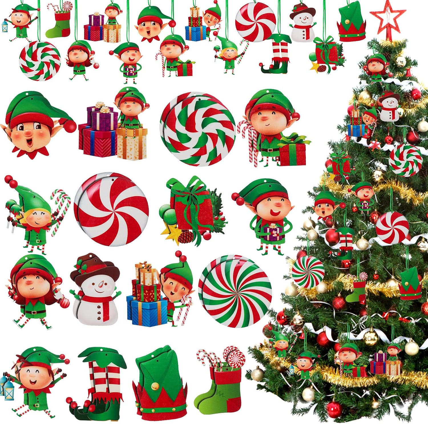 Spiareal 32 Pieces Elf Christmas Tree Ornaments Set, Red Green White Candy Round Lollipop Christmas Stocking Snowman Elf Feet Slippers, Decorative Hanging Wood Ornaments for Xmas Party Favors