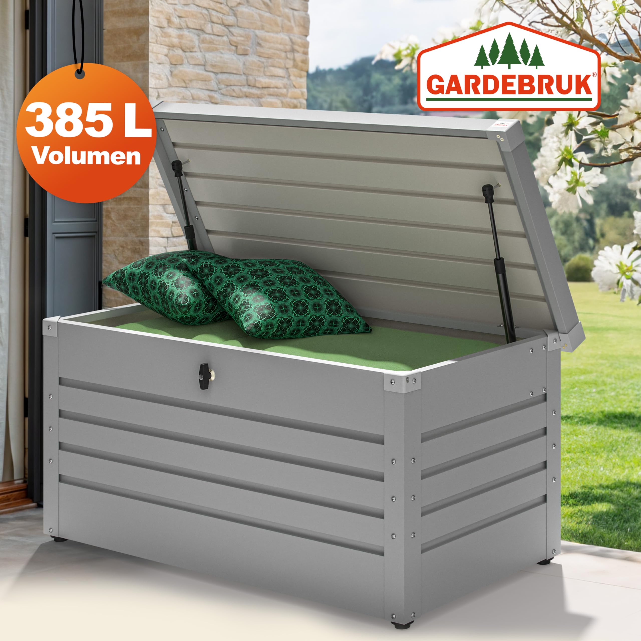 Gardebruk® Auflagenbox 385L Volumen Metall Abschließbar Gasdruckfeder 120x62cm Wetterfest Garten Balkon Keller Gartenbox Gartentruhe Weiß
