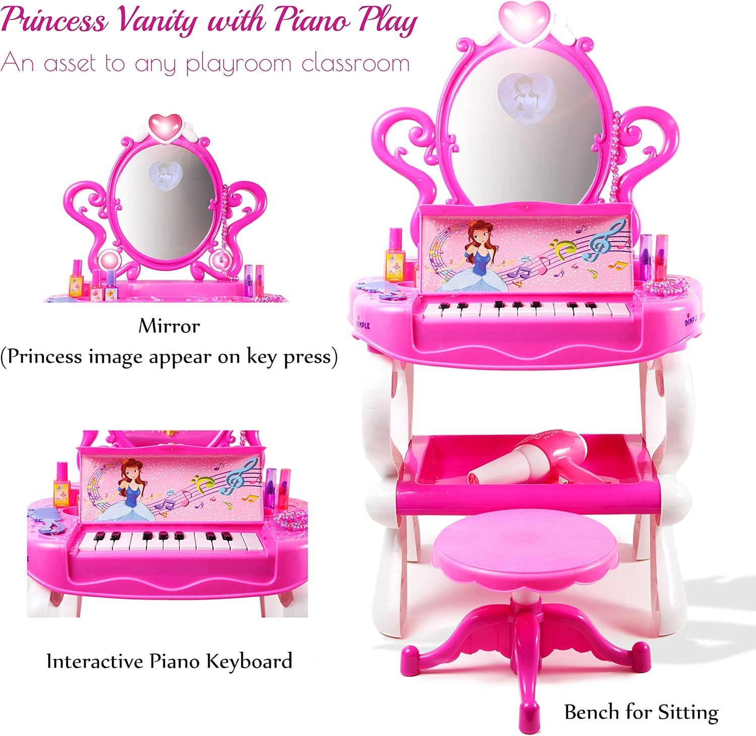 2-in-1 Musical Piano Vanity Set Girls Toy Makeup Accessories with Working Piano & Flashing Lights, Big Mirror, Pretend Cosmetics, Hair Dryer - Princess Image Appears in Mirror, 7 AA Batteries Included : Toys & Games