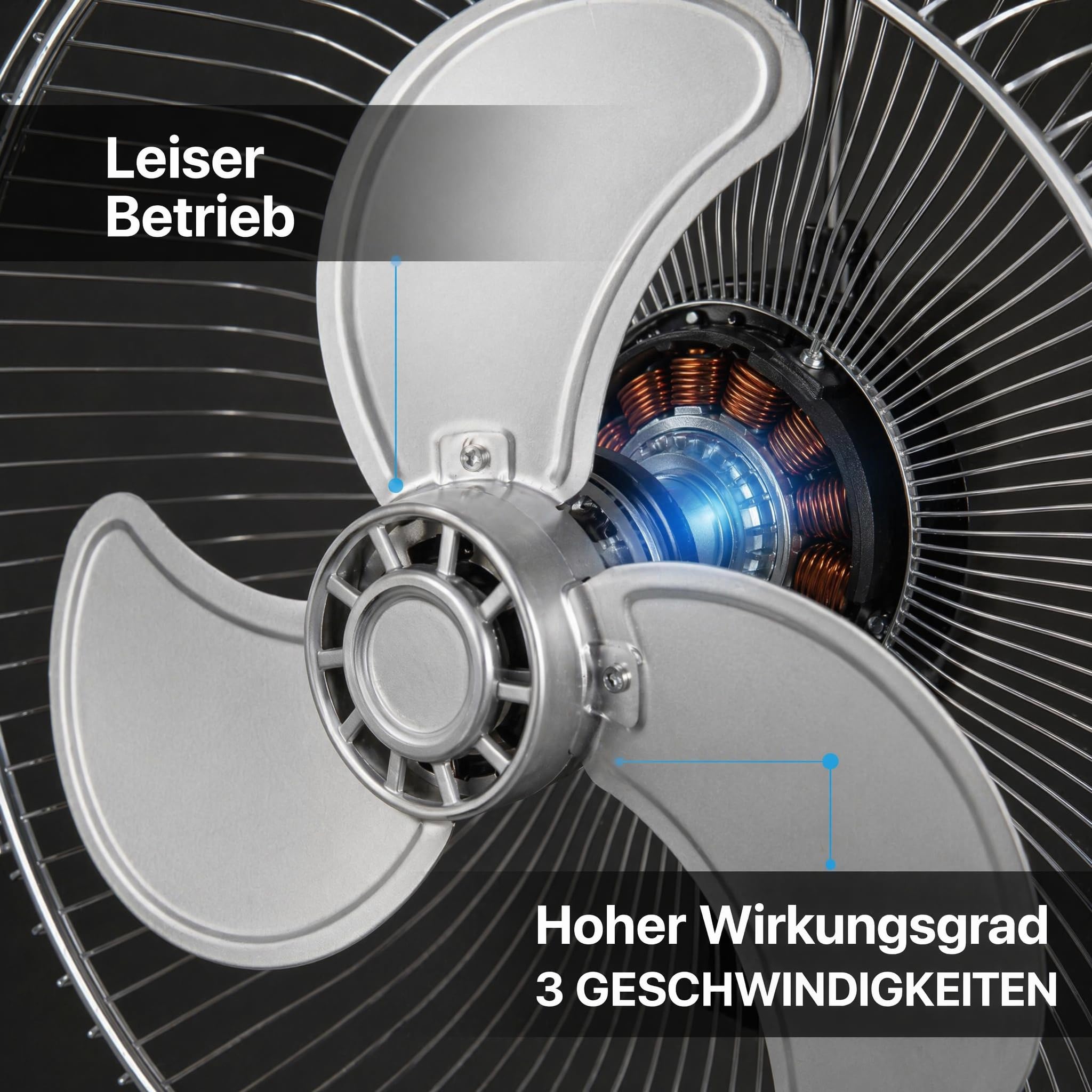Standventilator 55 W Ø45 cm Edelstahlflügel 3 Geschwindigkeitsstufen Metallventilator