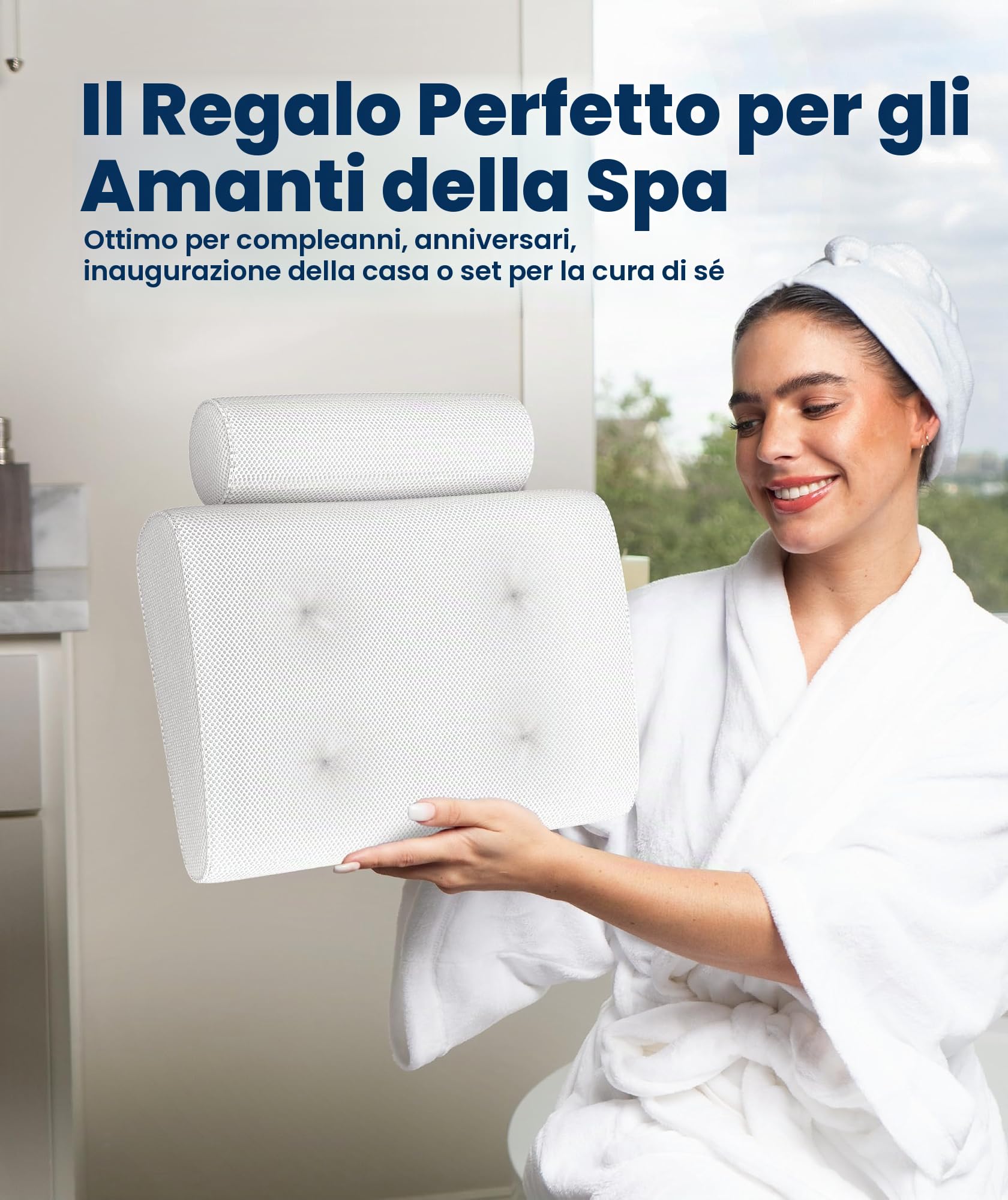 Everlasting Comfort Cuscino vasca da bagno di lusso per testa, collo e schiena – Cuscino antiscivolo con ventose, mesh ad asciugatura rapida e gancio (Bianco)
