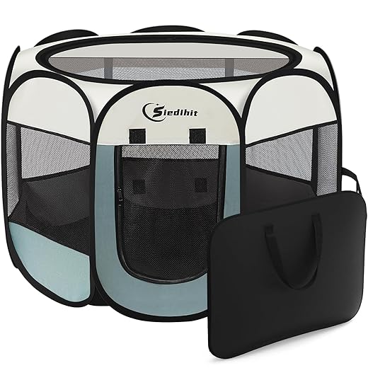 Dog Cat Playpen, Puppy Pet Playpen Indoor for Small Dog Crate Tent Cage Outdoor, Portable Pop Up Dogs Enclosure Kennel with Carrying Case for Dogs/Cats/Rabbits(Grey, Small