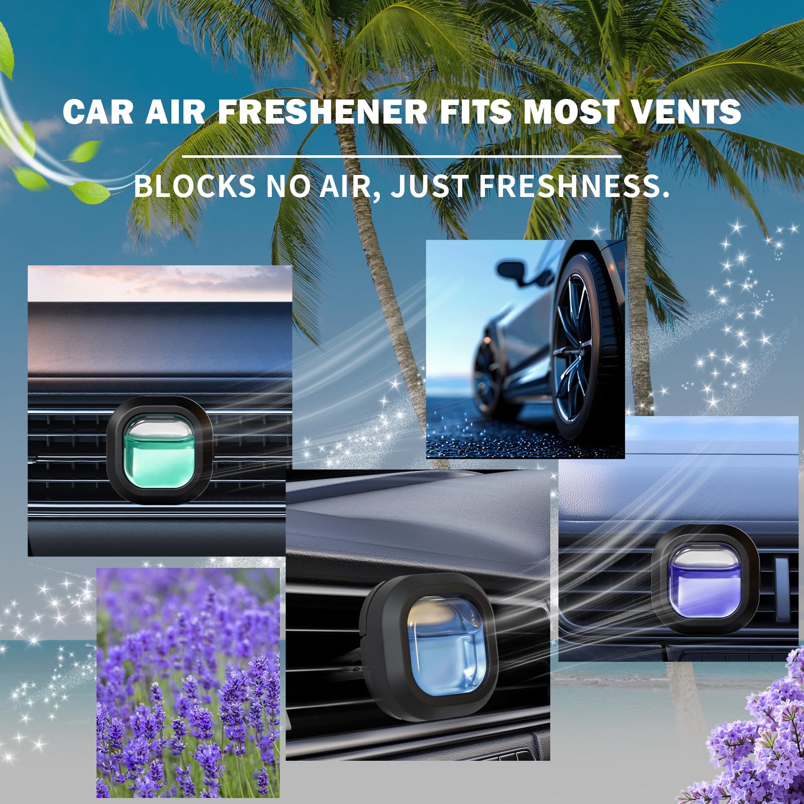SCENTORINI Ambientador Coche, Perfume para Coche con 3 Clip y 12 Recargas, Fragancia de Brisas Marinas y Coche Nuevo y Lavandas Ambientador de Coche para Eliminar Olores Perfume Durante 30 Días
