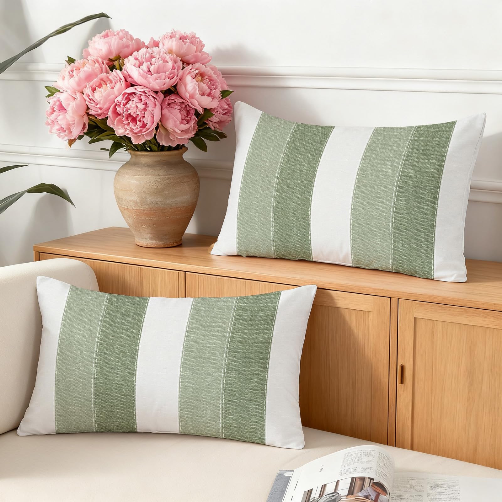 Juego de 2 Rayas Funda de Cojíns Decorativas 30 x 50 Moderna Blanco Funda de Almohada Verde Salvia Lino Cojine Decorativas Retro para Sofá Primavera Verano Exterior Jardin Patio