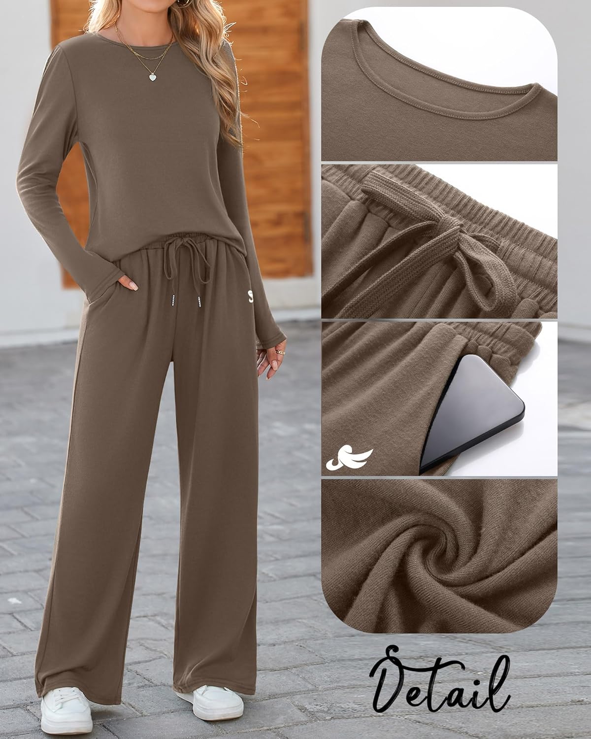 Ficerd Women's 2 Piece Casual Tracksuit Long Sleeve Lounge Sets Crew Neck Pullover Tops Long Pants with Pockets Outfits - Image 5