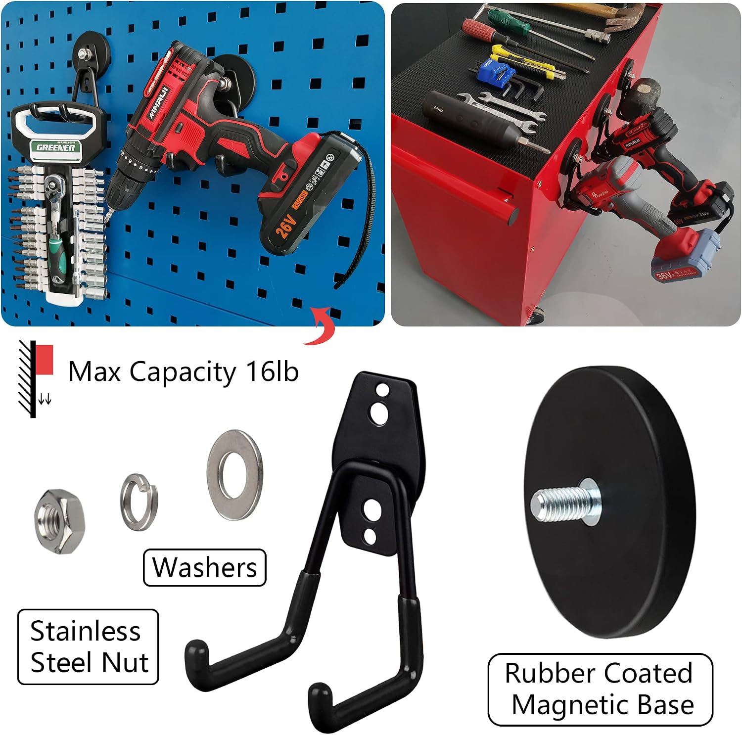MUTUACTOR 4pack Magnetic Hooks Heavy Duty for Garage Tools Garden Hose Power Drill Drivers image 5