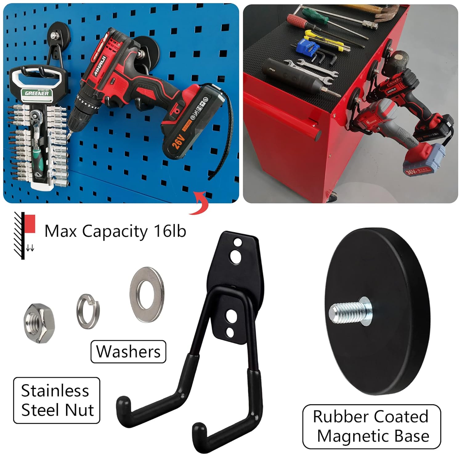 MUTUACTOR 4packs Rubber Coated Neodymium Magnetis with 2packs Garage Magnet Hooks for Metal Cabinet,Pegboard,Garage,Work Shop