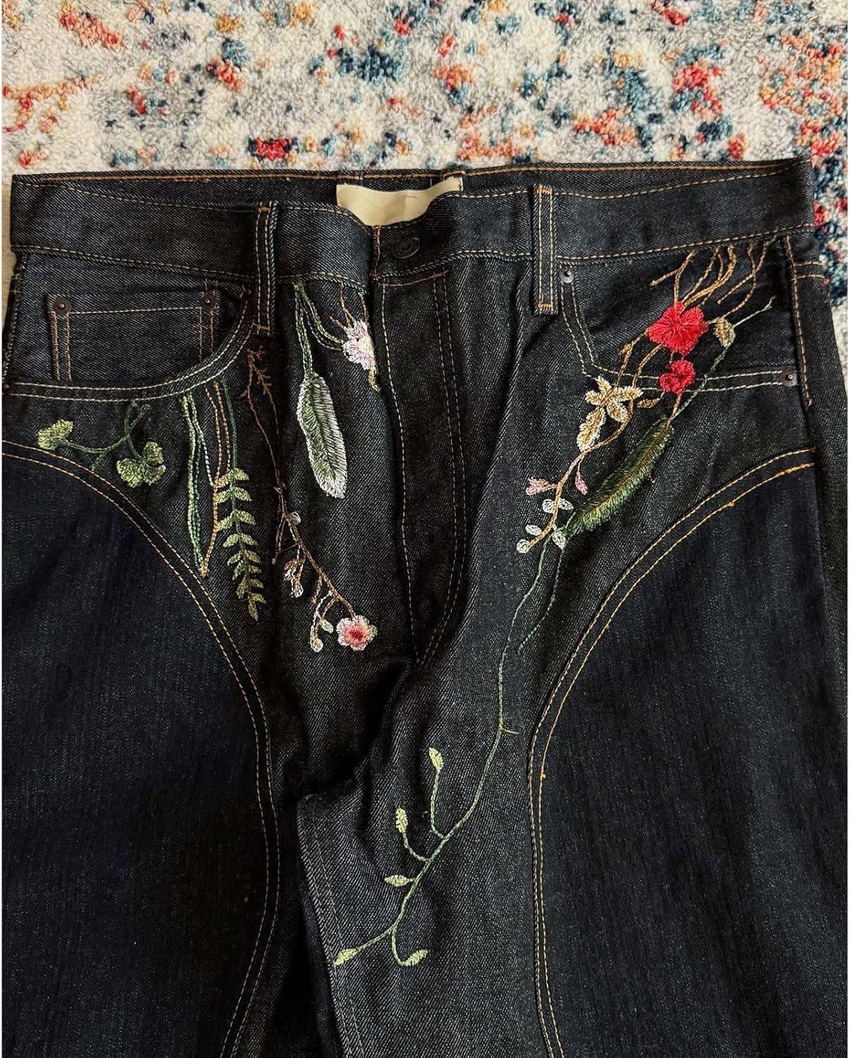Men's Hip-hop Retro Flower Embroidery Washed Denim Pants Gothic Straight Tube Loose Wide Leg Pants Y2K Jeans - Image 7