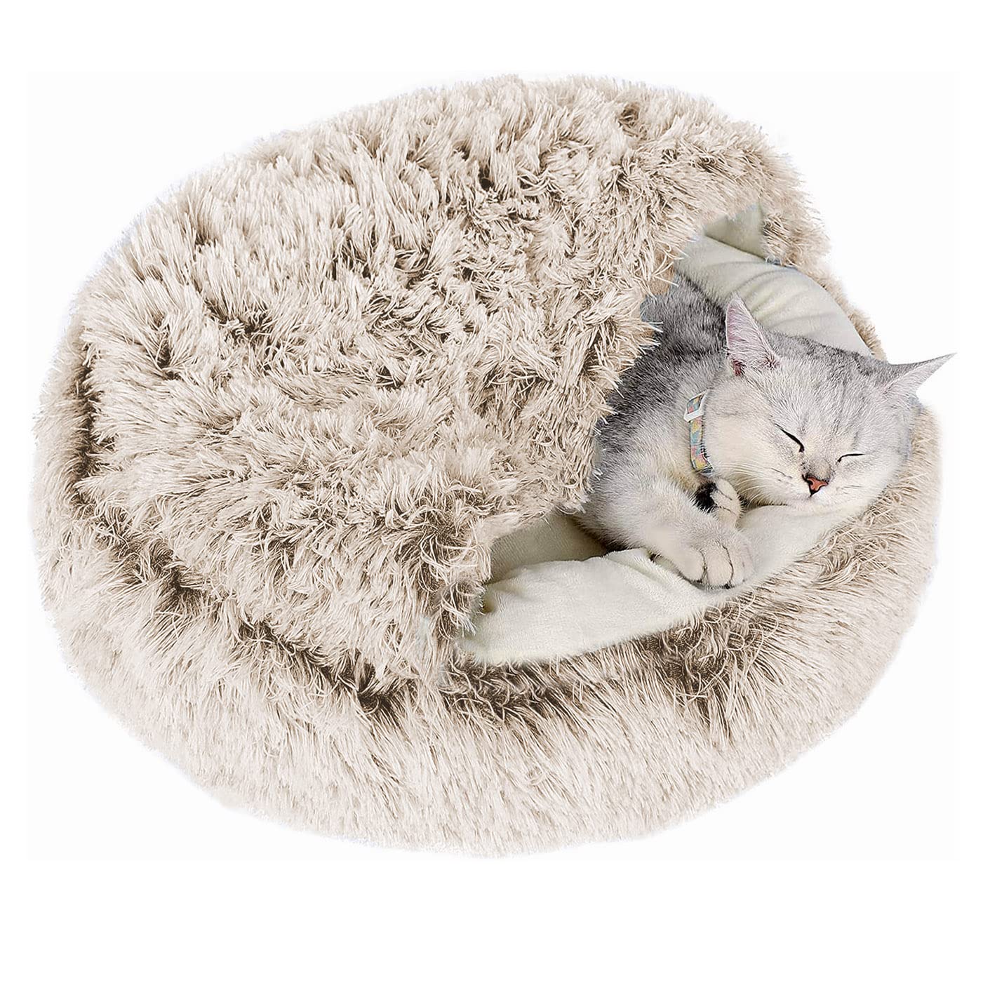 qing yun Cat Cave Bed,Fluffy Cat Hideaway Sleeping Bag,Cozy Plush Warm Pet Dog Cave Bed Anxiety Relief Cat Igloo Bed for Indoor Cats (50cm,Brown)