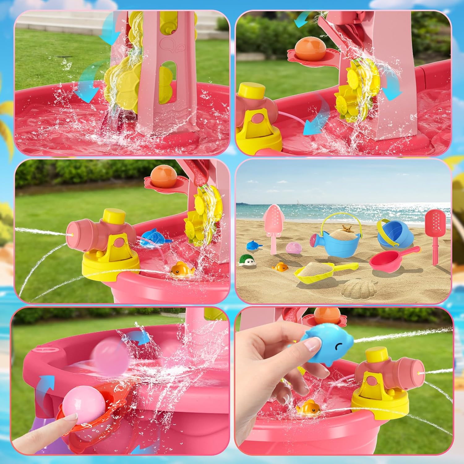 Water Table for Toddlers 3-5, 3-Tier Auto Water-Absorbing Kids Sand Water Table with Water Pump & Umbrella Splash Pond Toy, Sensory Play Table Toys for Outdoor Pool Beach Backyard Summer (Pink）