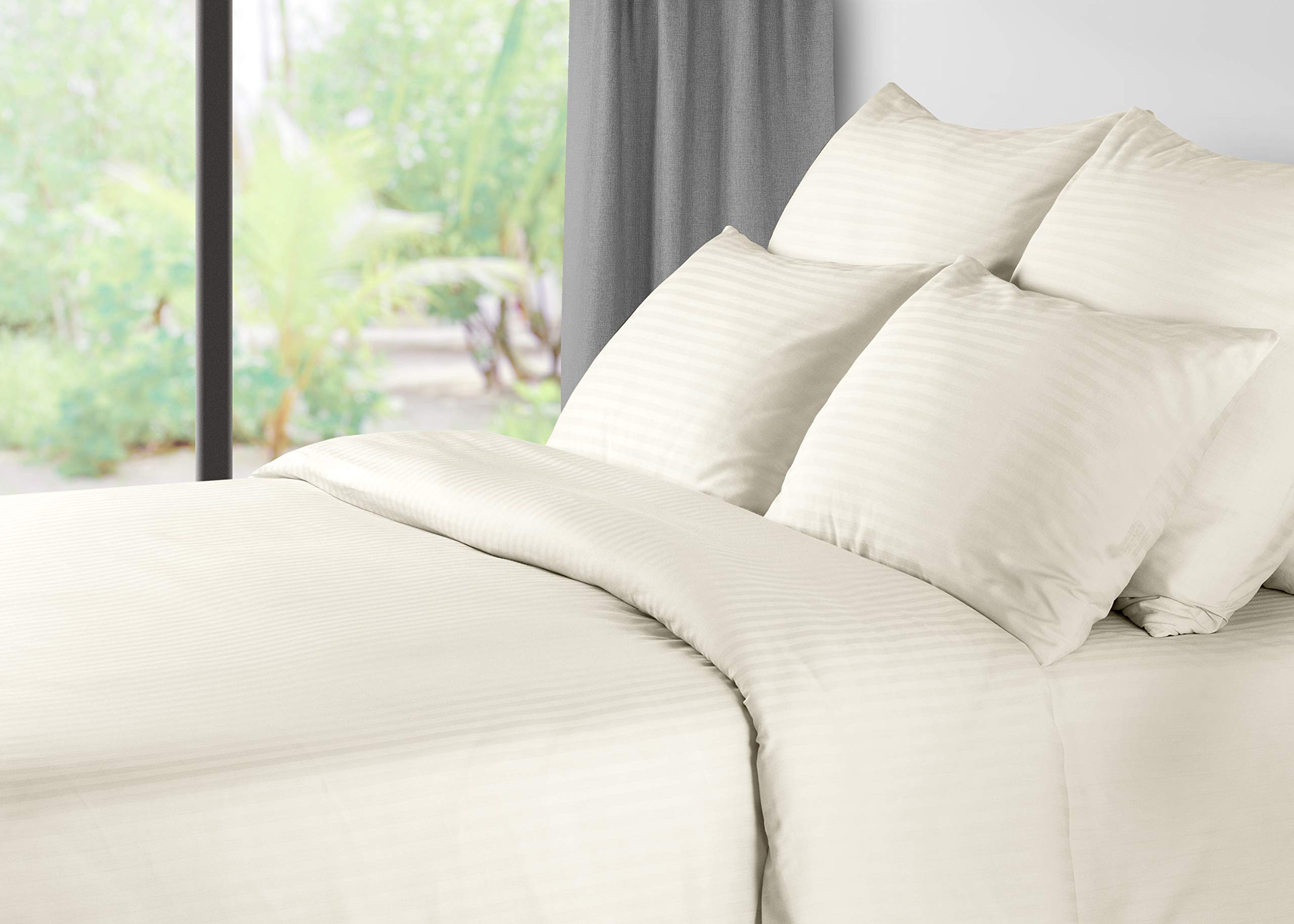 UMI 500 Thread Count 100% Pure Natural Cotton Bedsheet Set – Dobby Damask Stripe 3 Piece Set, Ivory Double Size Bedsheet with 2 Pillow Covers