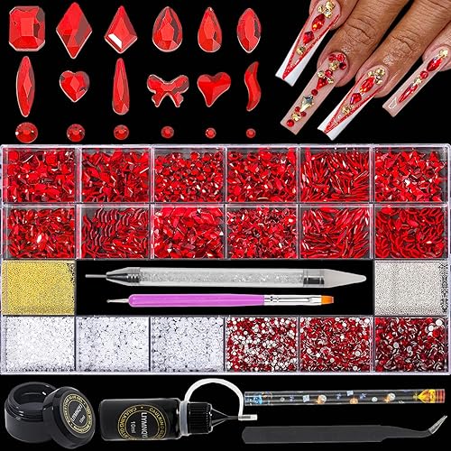 Miniatura 13 de Rhinestones Kit 9080Pcs Champagne Crystal Multi-Shape Flatback for Nail Decoration - Hearts Mix Size, Metal Beads, Pearl Gold Silver With Glue Gel