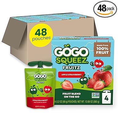 GoGo squeeZ Applesauce and Fruit Puree, Apple Strawberry, 3.2 oz (Pack of 48), Unsweetened Fruit Snacks for Kids, Gluten Free, Nut Free and Dairy Free, Recloseable Cap, BPA Free Pouches