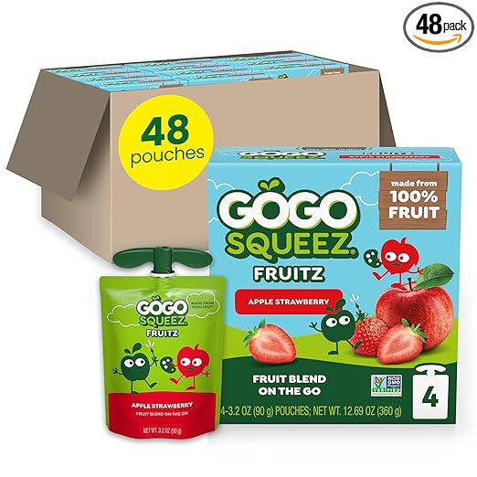 GoGo squeeZ Applesauce and Fruit Puree, Apple Strawberry, 3.2 oz (Pack of 48), Unsweetened Fruit Snacks for Kids, Gluten Free, Nut Free and Dairy Free, Recloseable Cap, BPA Free Pouches