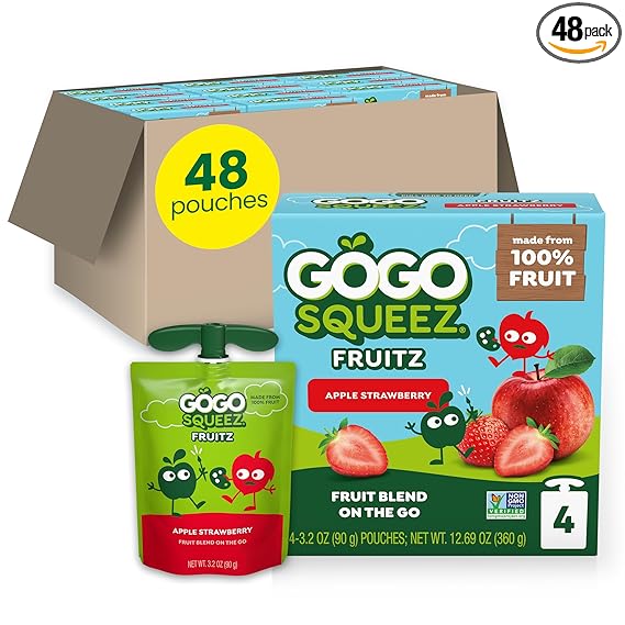 GoGo squeeZ Applesauce and Fruit Puree, Apple Strawberry, 3.2 oz (Pack of 48), Unsweetened Fruit Snacks for Kids, Gluten Free, Nut Free and Dairy Free, Recloseable Cap, BPA Free Pouches