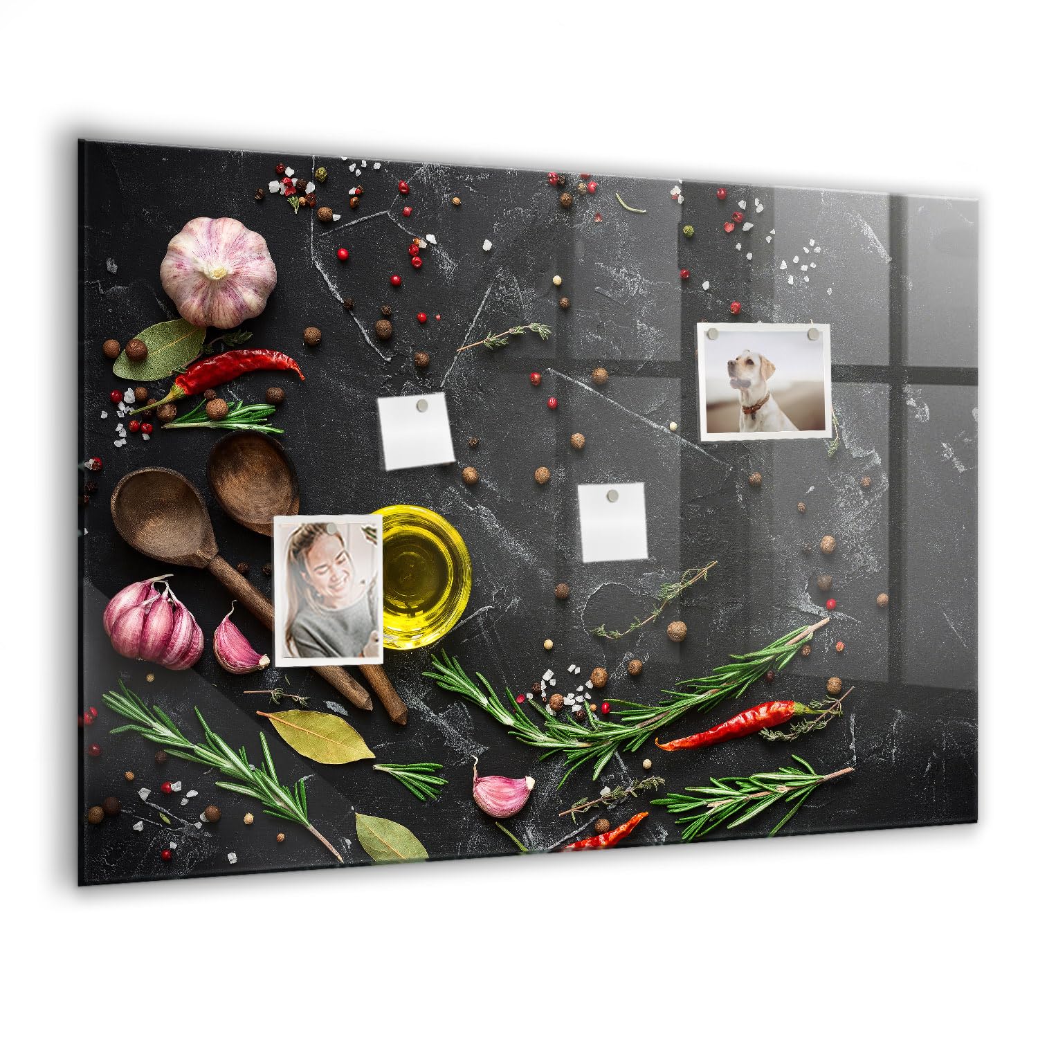 Glasmagnettafel schwarz | Magnetisches Whiteboard aus Glas | Inkl. Neodym-Magneten & Wandhalterung | Stilvolle Schreibfläche für modernes Bürodesign - 100x70cm Gewürze auf dem Tisch