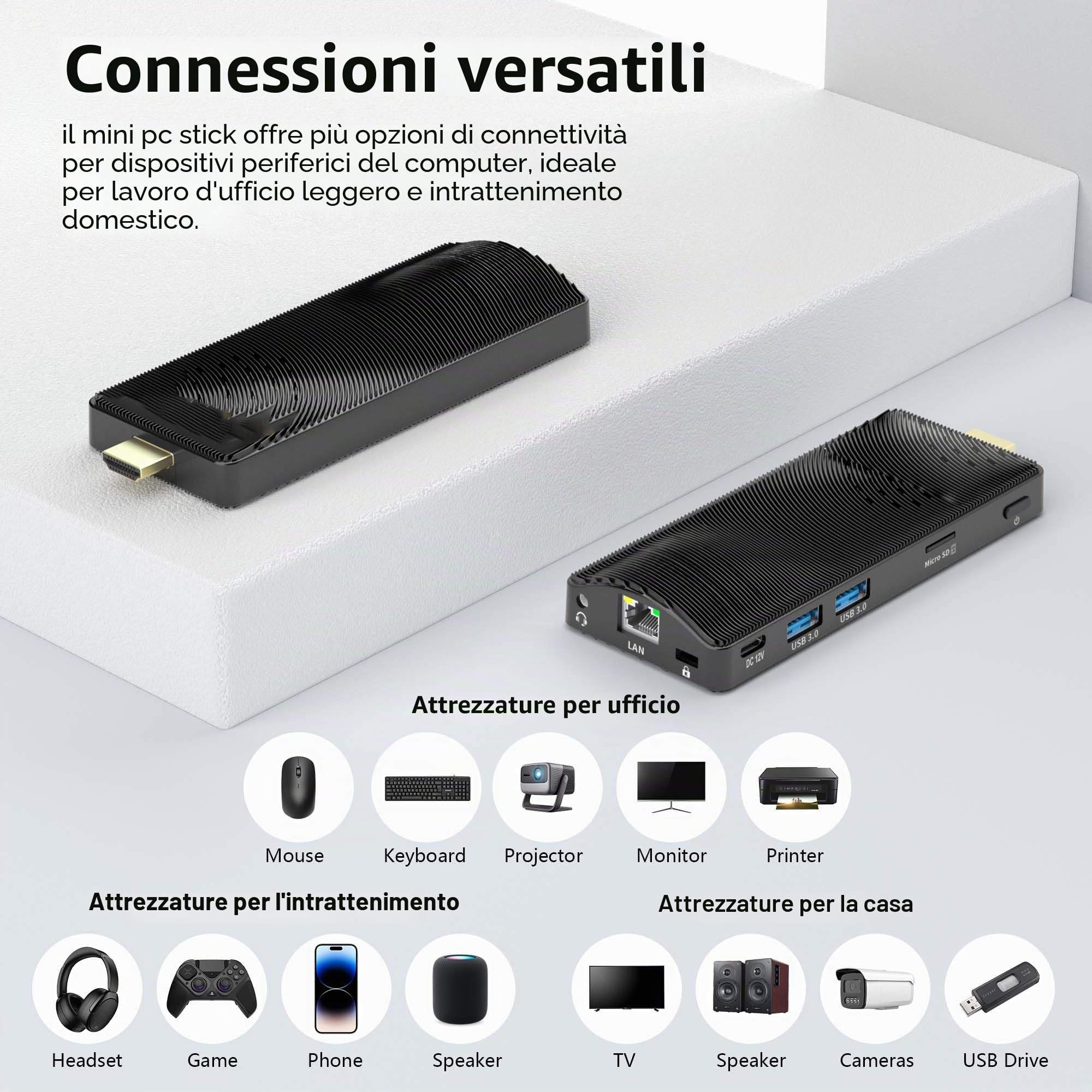 Mini PC Stick Win 10 Celeron J3455 4GB 64GB eMMC senza ventole Gigabit LAN 4K Video 1080P USB 3.0 per ufficio casa Digital Signage Network