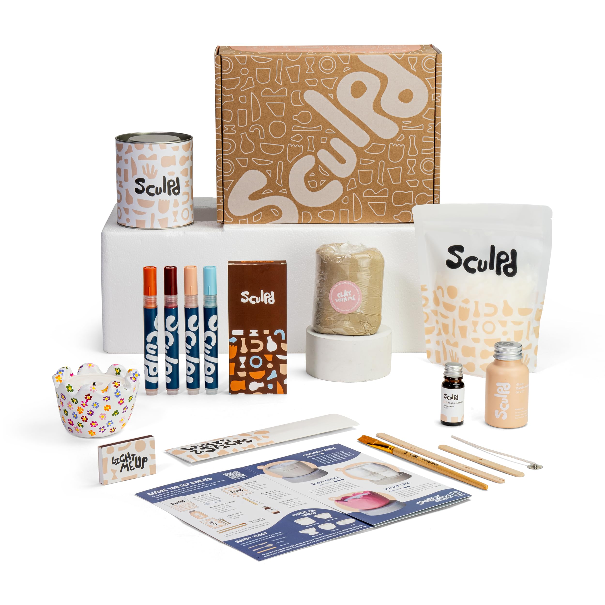 SCULPD earthenware set for candle making with air-dry clay | Starter kit for adults with eco soy wax, fragrance oil, varnish, tools and guide