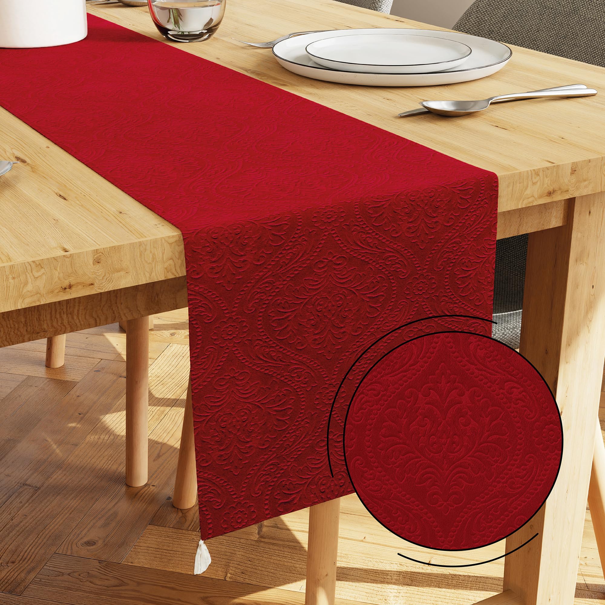 Encasa XO Dining Table Runner | Embossed Velvet | 32x240 cm | Red Color with Premium Polyester - Machine Washable