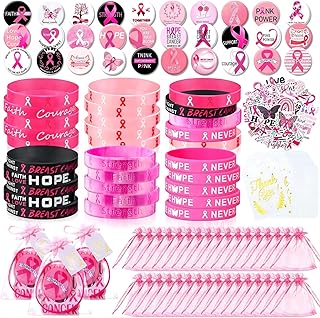 Tenceur 220 Pcs Breast Cancer Awareness Gifts with Breast Cancer Silicone Bracelets Breast Cancer Awareness Buttons Badge Breast Cancer Stickers Pink Organza Bags Thank You Gift Tags for Girls Women