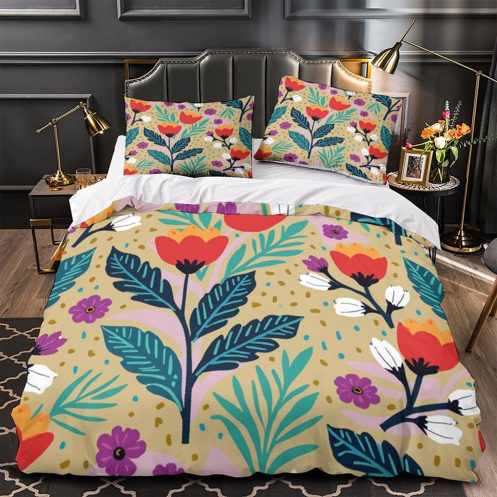 Linge de lit motif floral anti-plis avec fermeture éclair