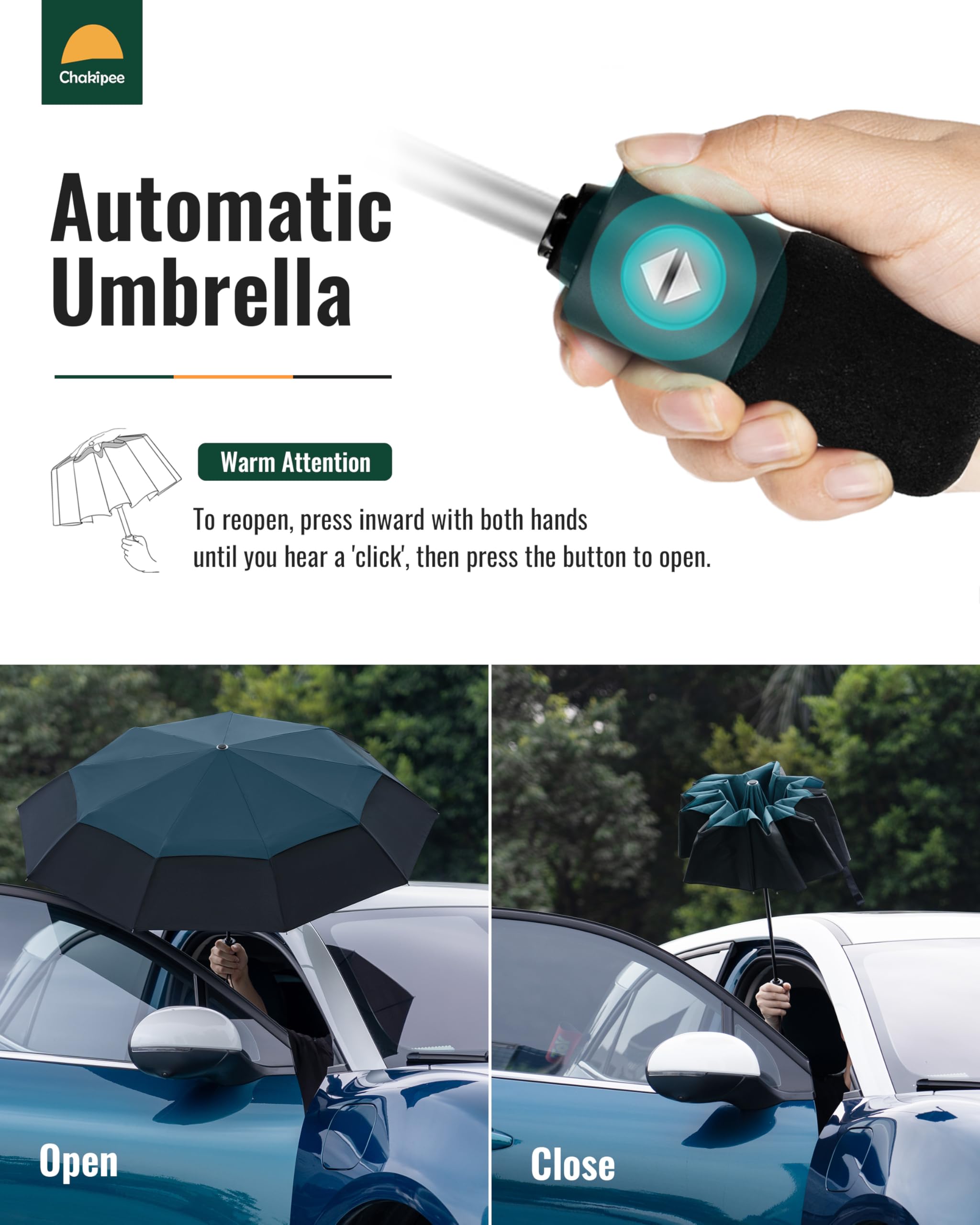 Chakipee Ombrello Pieghevole Pioggia da Viaggio Antivento - Ombrelli Portatile per Uomo Doppio Baldacchino Ventilato, Automatico Apri Chiudi, 9 ossa Rivestimento in Tessuto 210T Apertura 102 cm