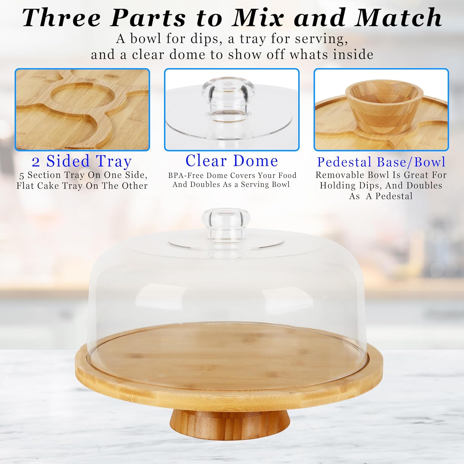 JOEY'Z 6 in 1 Large Bamboo Wood Cake Stand with Lid - Multiuse Wooden Cake Stand with Dome Acrylic Cake Cover/Cake Dome - Cake Holder With Lid - Bamboo Base Punch Bowl - Cake Stands